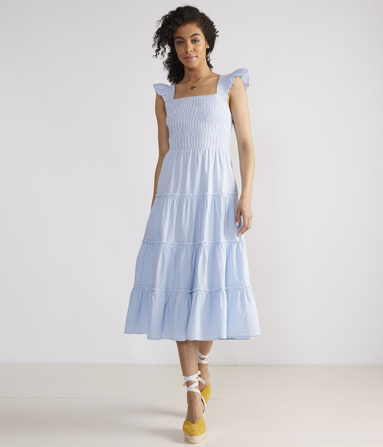 Kentucky Derby Flutter Sleeve Smocked Seersucker Midi Dress